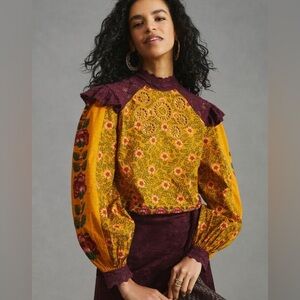 Farm Rio Anthropologie Floral Printed Top Embroidered Lace Ruffle SZ XL
